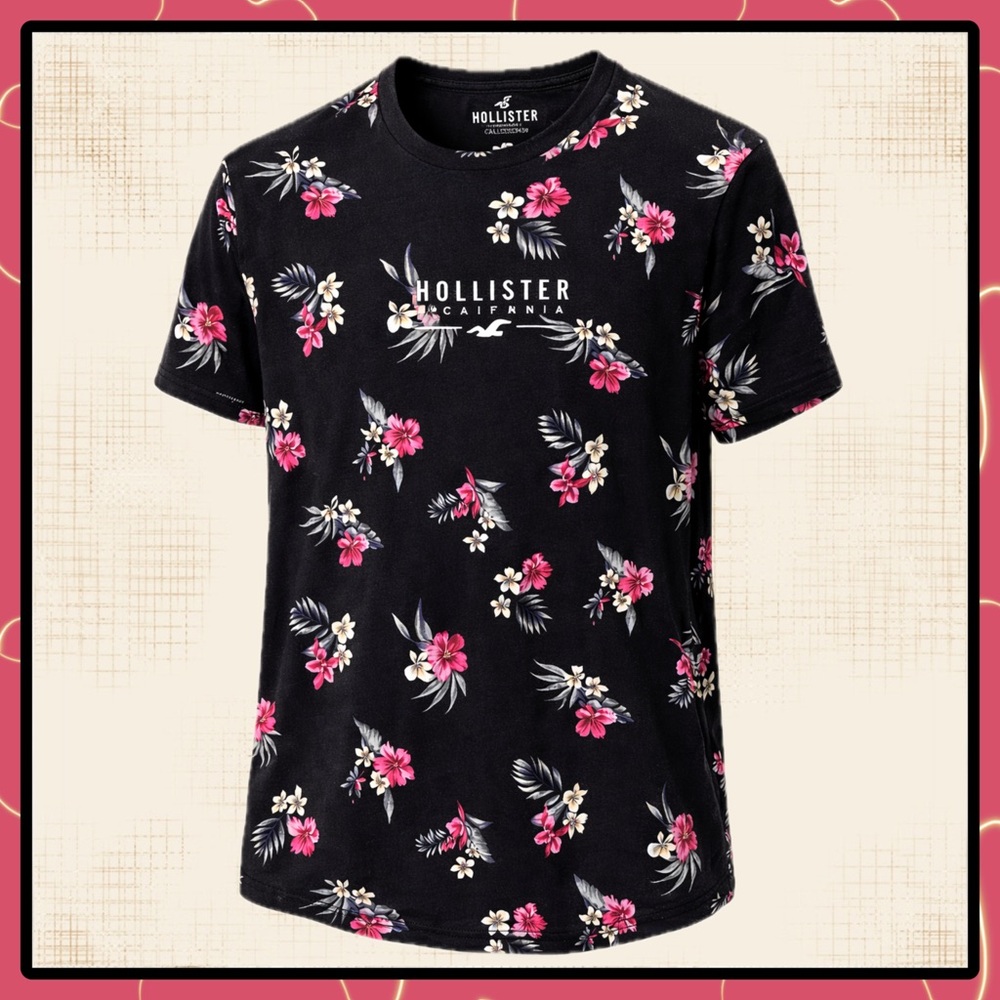Hollister Floral Curved Hem T-Shirt XL | Black Pink Tropical Print Tee